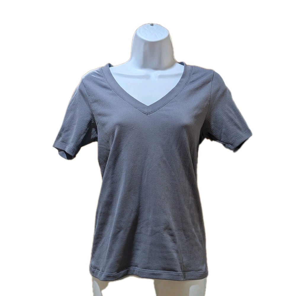 Athleta Renew V-Neck Tee Womens Medium Gray‎ Ribbed Short Sleeve Workout T Shirt